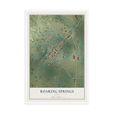 Map of Roaring Springs, Texas, 12 x 18 inch print in a white wood frame