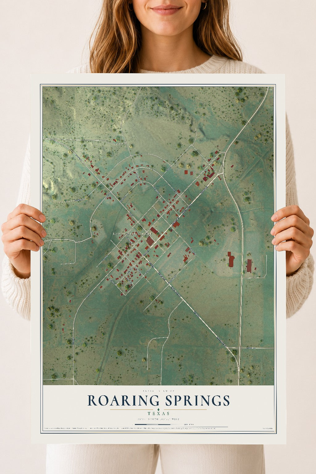 Map of Roaring Springs, Texas, 18 x 24 inch unframed archival matte print