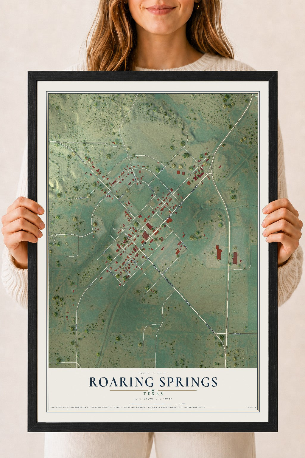 Map of Roaring Springs, Texas, 18 x 24 inch print in a black wood frame