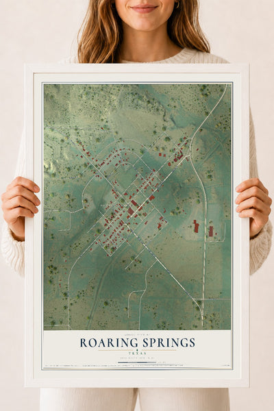 Map of Roaring Springs, Texas, 18 x 24 inch print in a white wood frame