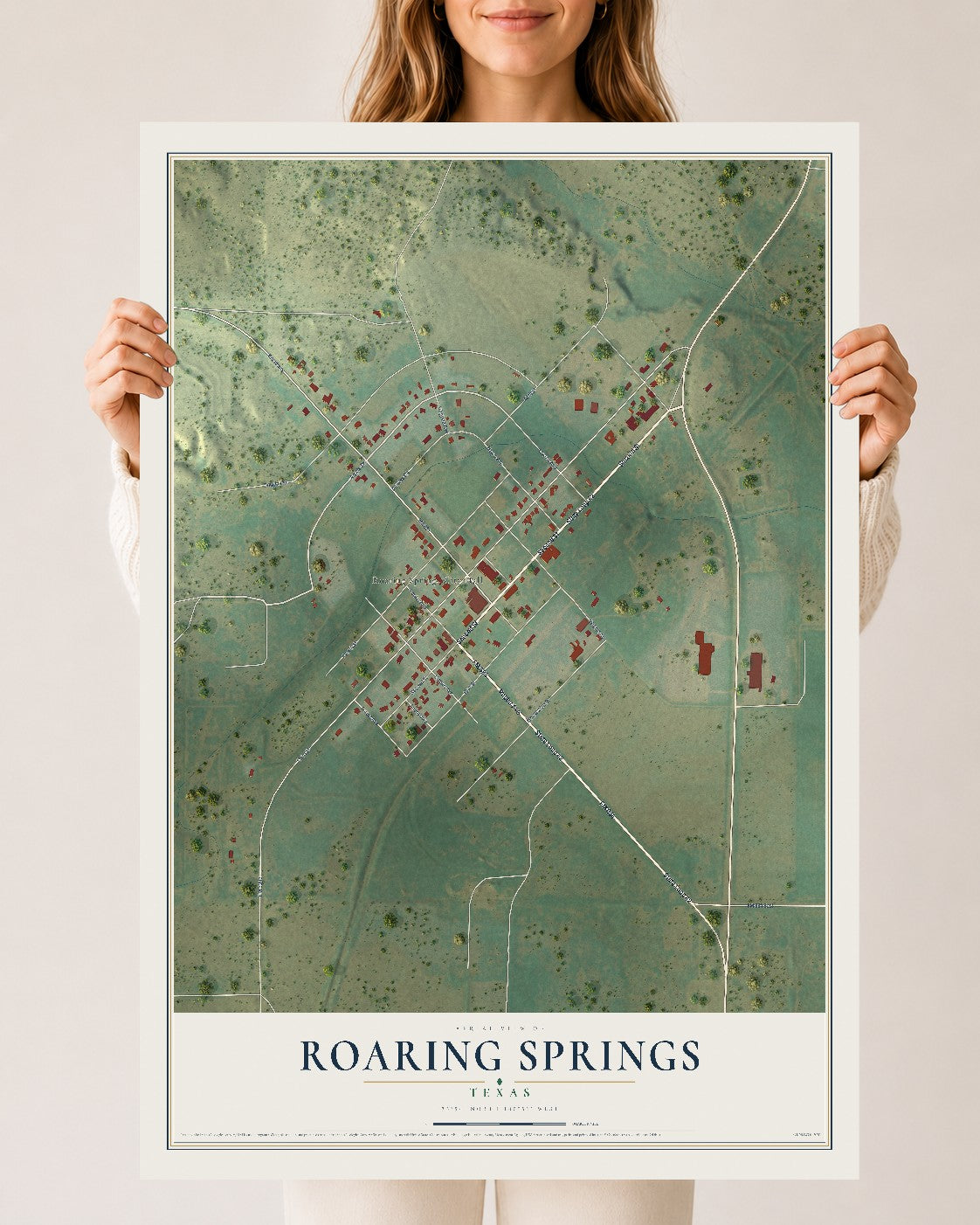 Map of Roaring Springs, Texas, 24 x 36 inch unframed archival matte print
