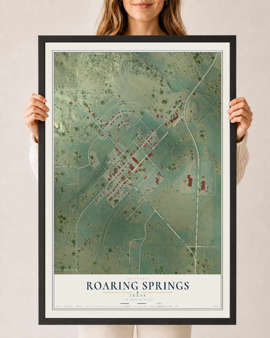 Map of Roaring Springs, Texas, 24 x 36 inch print in a black wood frame