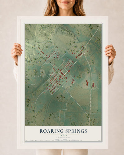 Map of Roaring Springs, Texas, 24 x 36 inch print in a white wood frame