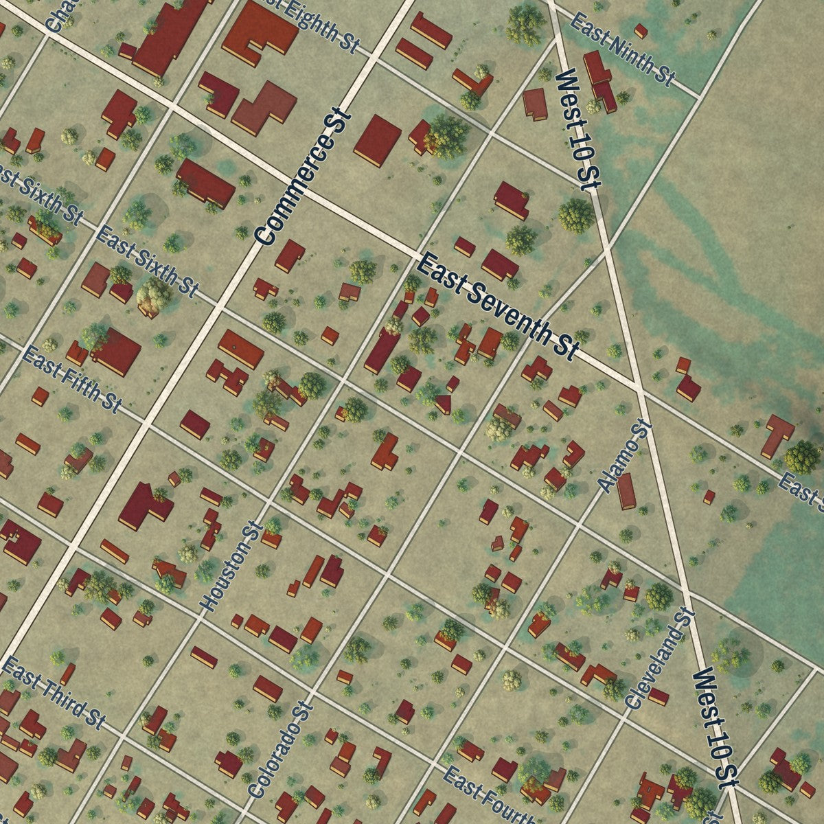 Second close-up of the map of Robert Lee, Texas print showing more streets and buildings