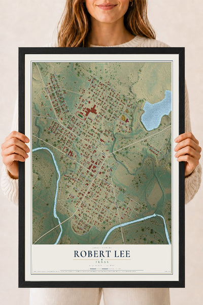 Map of Robert Lee, Texas, 18 x 24 inch print in a black wood frame