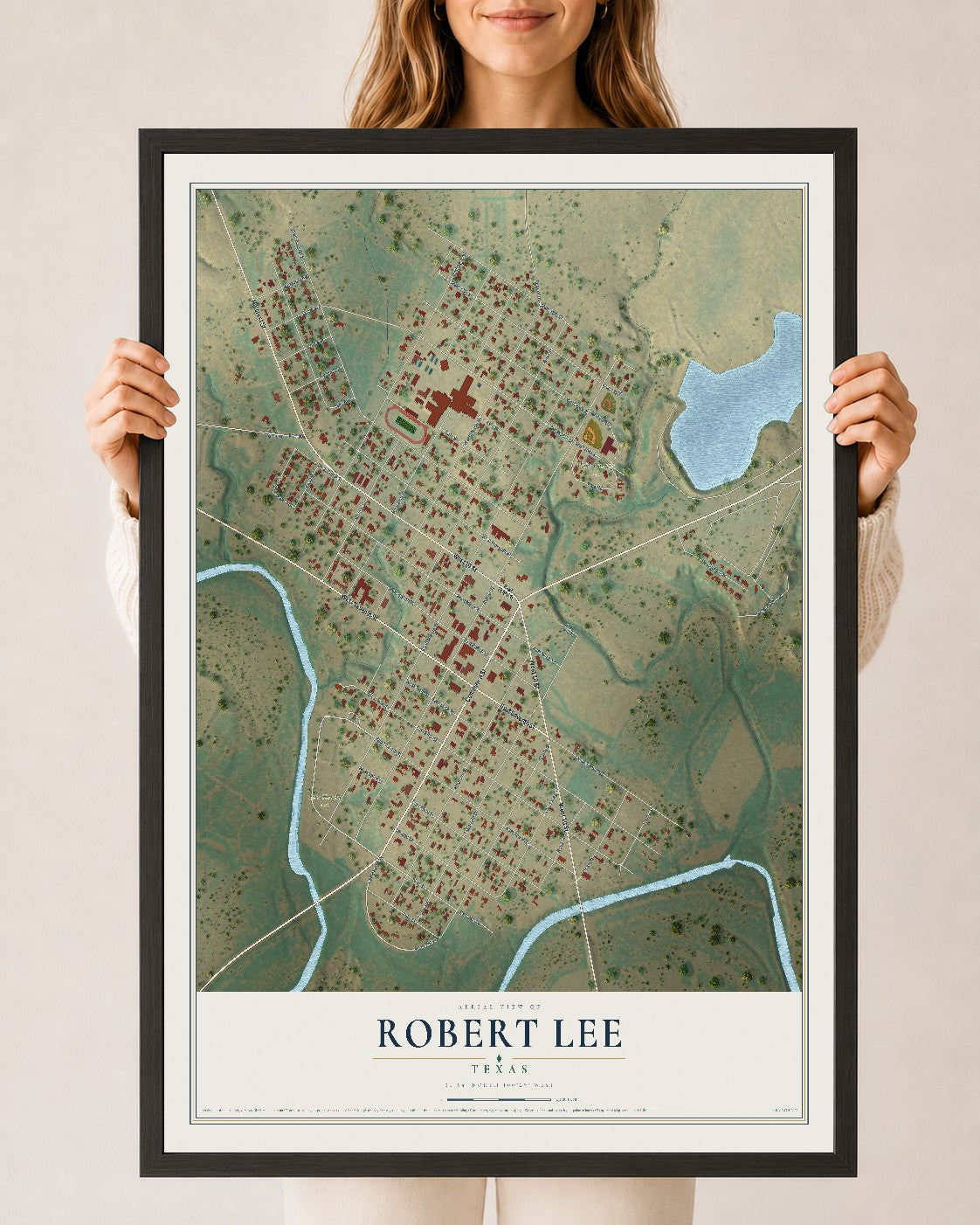 Map of Robert Lee, Texas, 24 x 36 inch print in a black wood frame