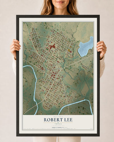 Map of Robert Lee, Texas, 24 x 36 inch print in a black wood frame