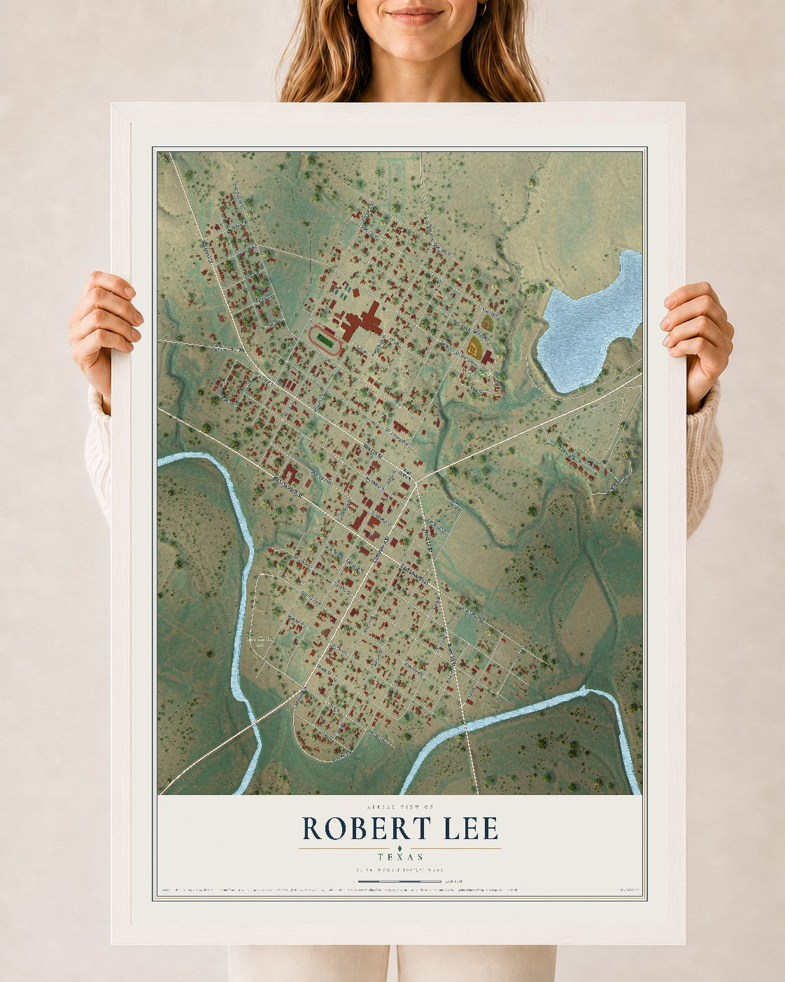 Map of Robert Lee, Texas, 24 x 36 inch print in a white wood frame