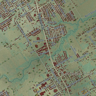 Close-up of the map of Robinson, Texas print showing street and building detail