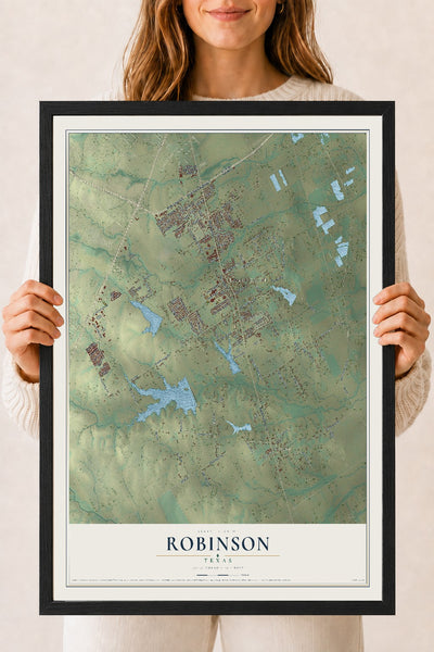 Map of Robinson, Texas, 18 x 24 inch print in a black wood frame