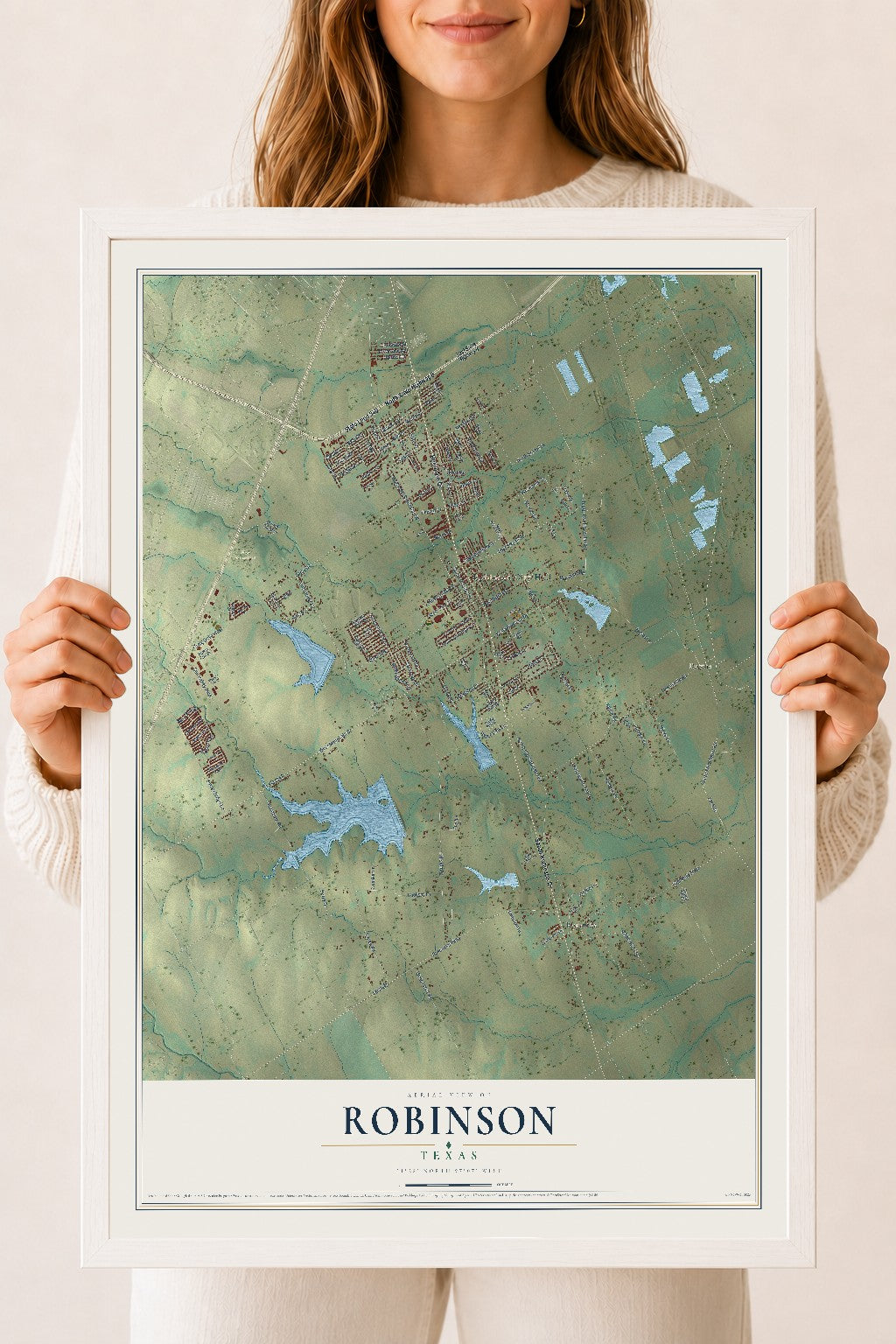 Map of Robinson, Texas, 18 x 24 inch print in a white wood frame
