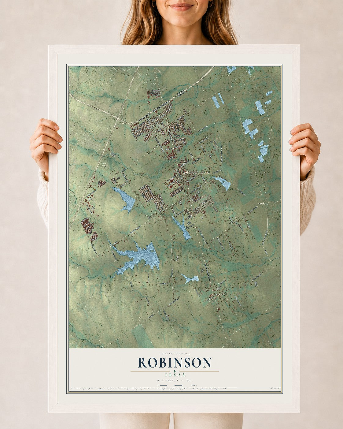 Map of Robinson, Texas, 24 x 36 inch print in a white wood frame