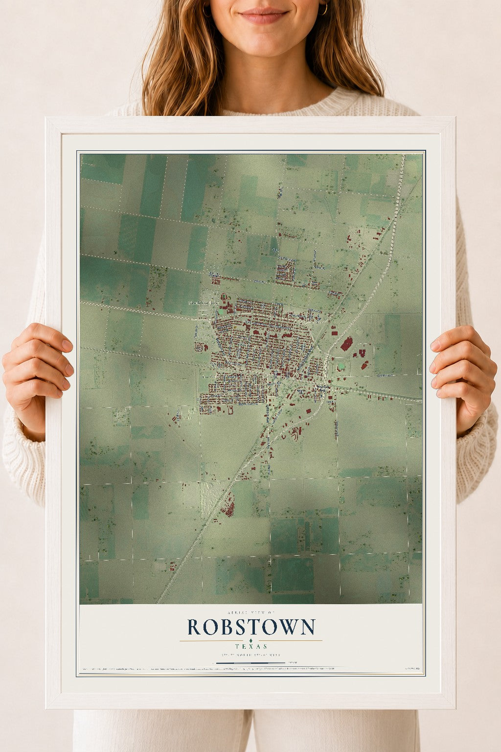 Map of Robstown, Texas, 18 x 24 inch print in a white wood frame