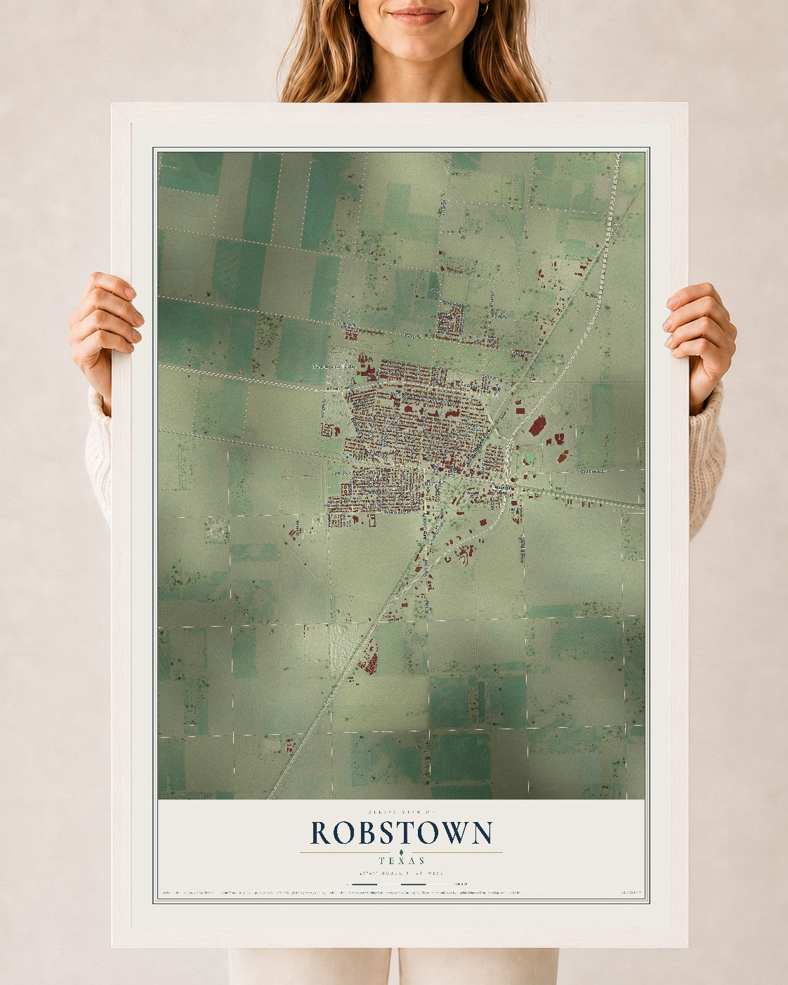 Map of Robstown, Texas, 24 x 36 inch print in a white wood frame