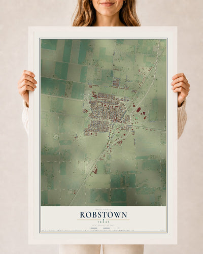 Map of Robstown, Texas, 24 x 36 inch print in a white wood frame