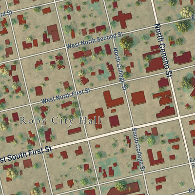 Close-up of the map of Roby, Texas print showing street and building detail