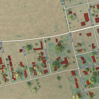 Second close-up of the map of Roby, Texas print showing more streets and buildings
