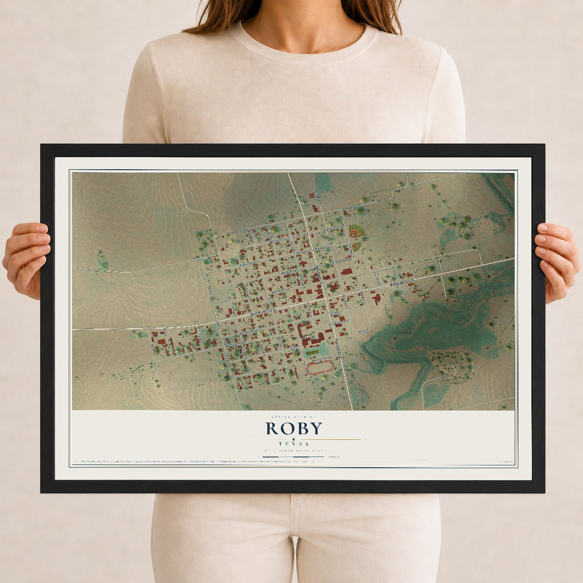 Map of Roby, Texas, 12 x 18 inch print in a black wood frame