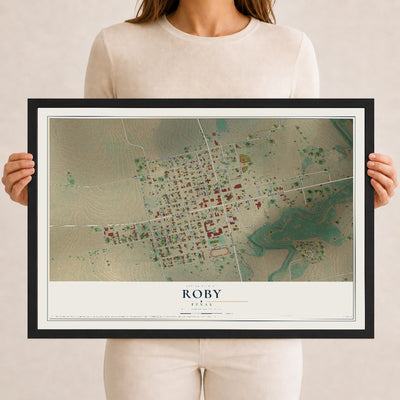 Map of Roby, Texas, 12 x 18 inch print in a black wood frame