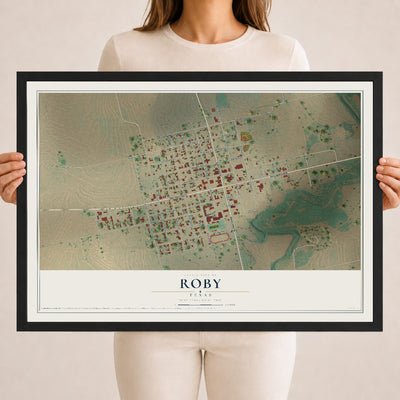 Map of Roby, Texas, 18 x 24 inch print in a black wood frame