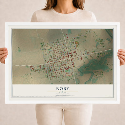 Map of Roby, Texas, 18 x 24 inch print in a white wood frame