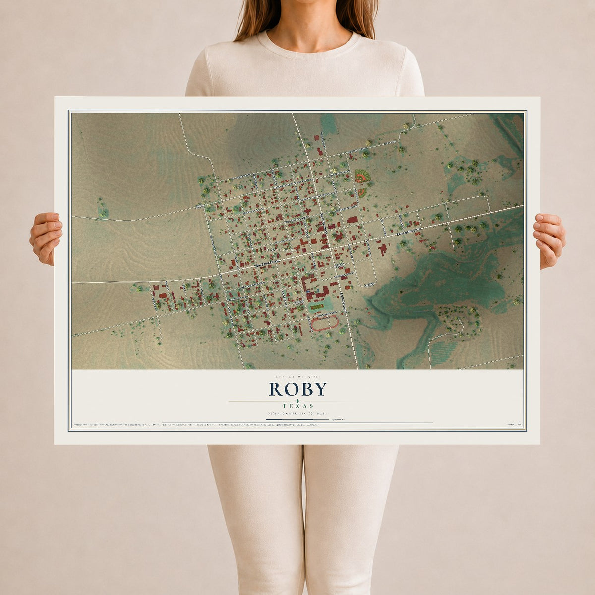 Map of Roby, Texas, 24 x 36 inch unframed archival matte print