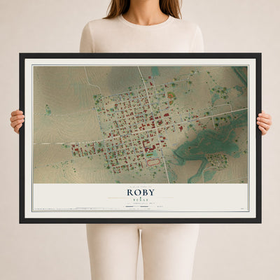 Map of Roby, Texas, 24 x 36 inch print in a black wood frame