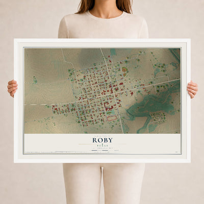 Map of Roby, Texas, 24 x 36 inch print in a white wood frame