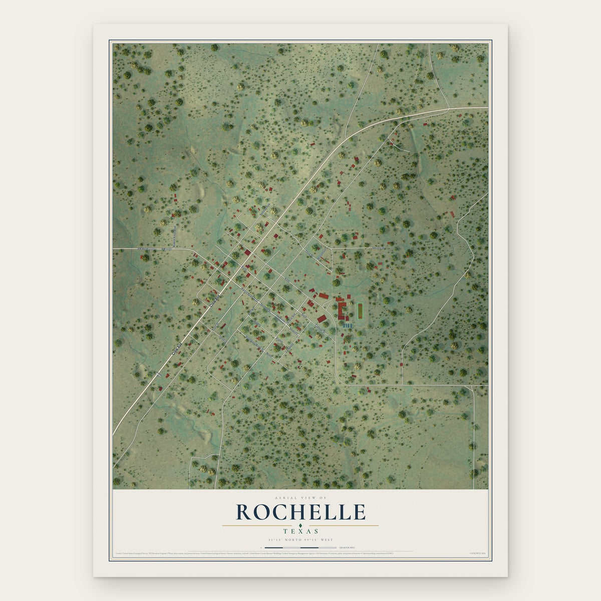 Rochelle, Texas map print, the full design