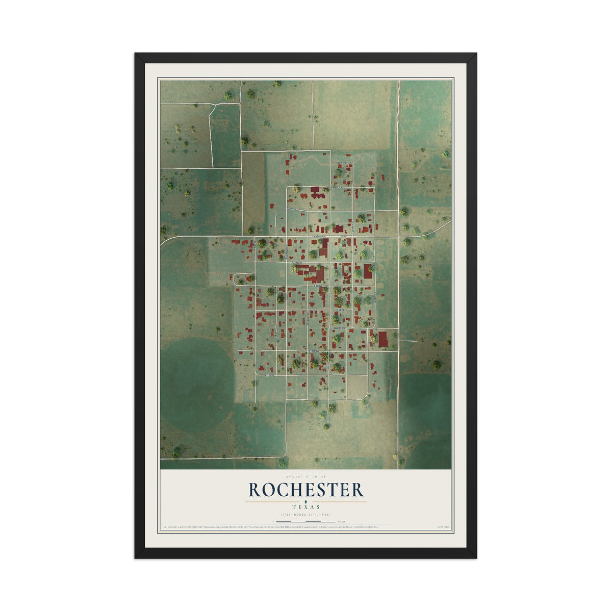 Map of Rochester, Texas, 12 x 18 inch print in a black wood frame