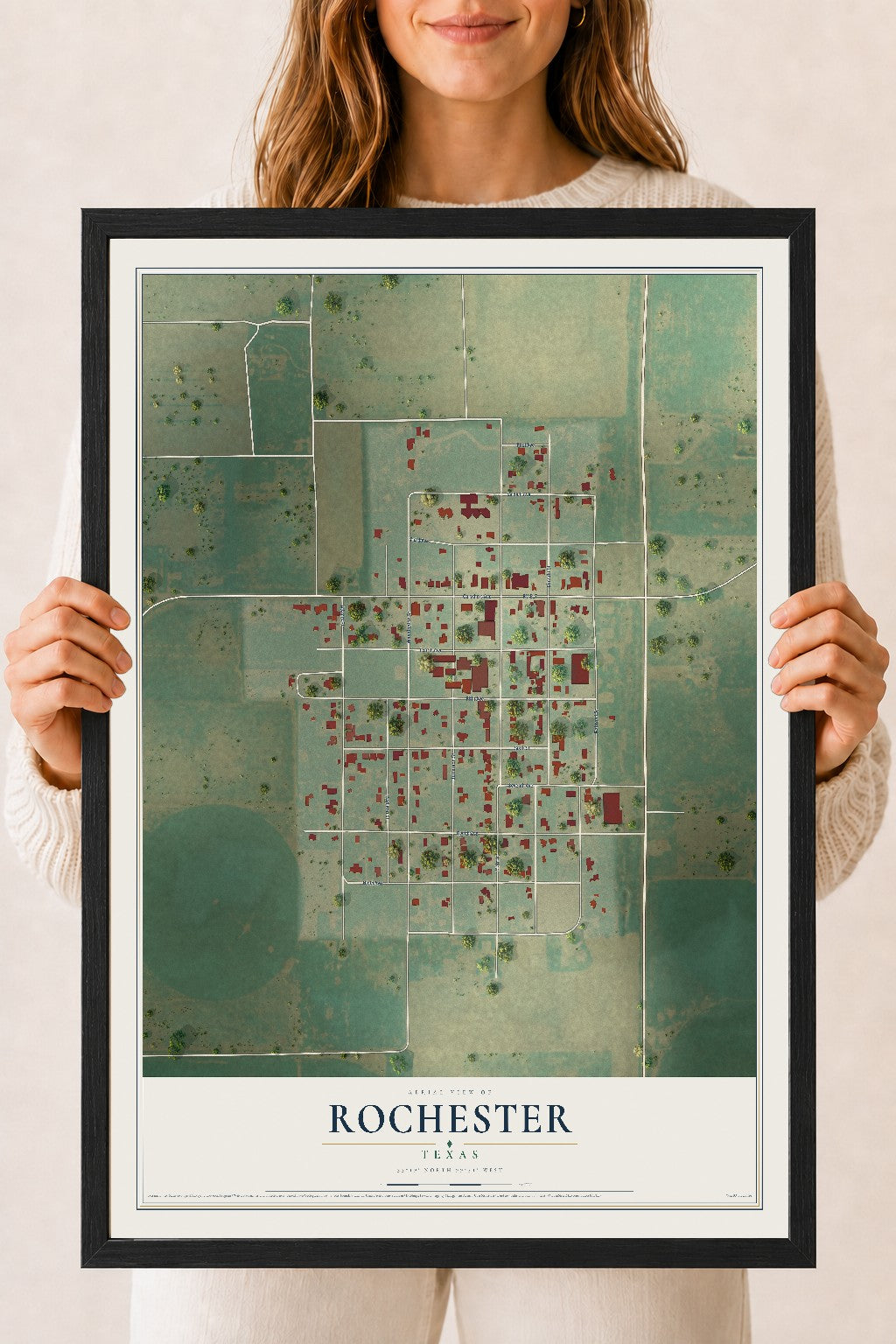 Map of Rochester, Texas, 18 x 24 inch print in a black wood frame