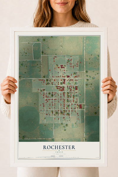 Map of Rochester, Texas, 18 x 24 inch print in a white wood frame