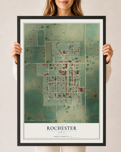 Map of Rochester, Texas, 24 x 36 inch print in a black wood frame