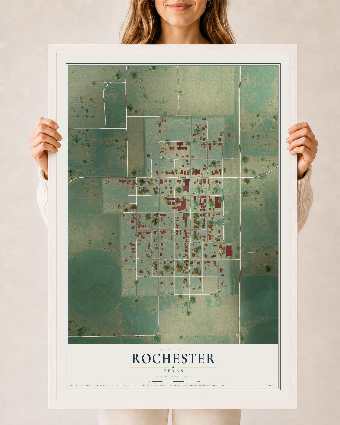 Map of Rochester, Texas, 24 x 36 inch print in a white wood frame