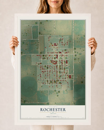 Map of Rochester, Texas, 24 x 36 inch print in a white wood frame