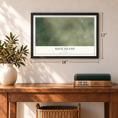 Rock Island, Texas map, 12 x 18 inch print in a black frame in an entryway