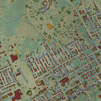 Close-up of the map of Rockdale, Texas print showing street and building detail