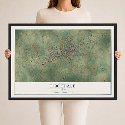 Map of Rockdale, Texas, 24 x 36 inch print in a black wood frame