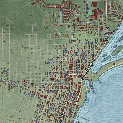 Close-up of the map of Rockport, Texas print showing street and building detail