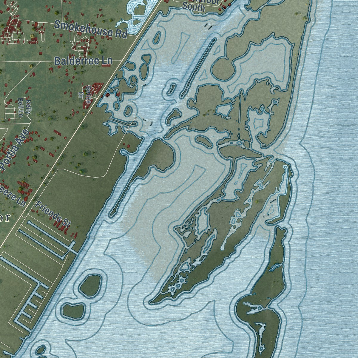 Second close-up of the map of Rockport, Texas print showing more streets and buildings