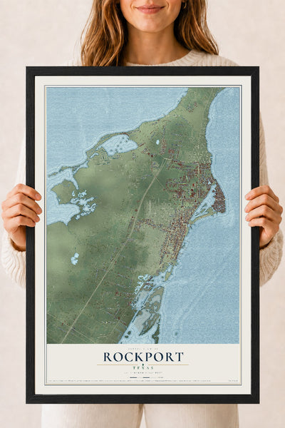 Map of Rockport, Texas, 18 x 24 inch print in a black wood frame