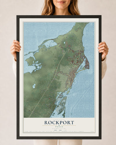Map of Rockport, Texas, 24 x 36 inch print in a black wood frame