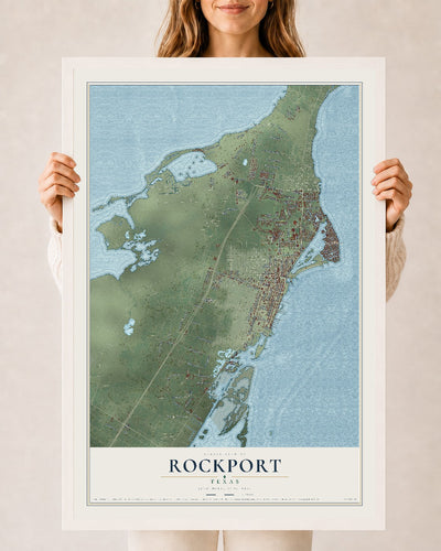 Map of Rockport, Texas, 24 x 36 inch print in a white wood frame