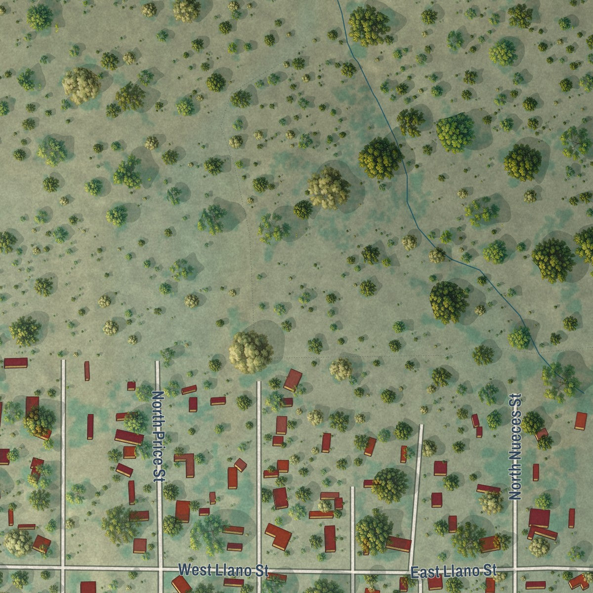 Second close-up of the map of Rocksprings, Texas print showing more streets and buildings