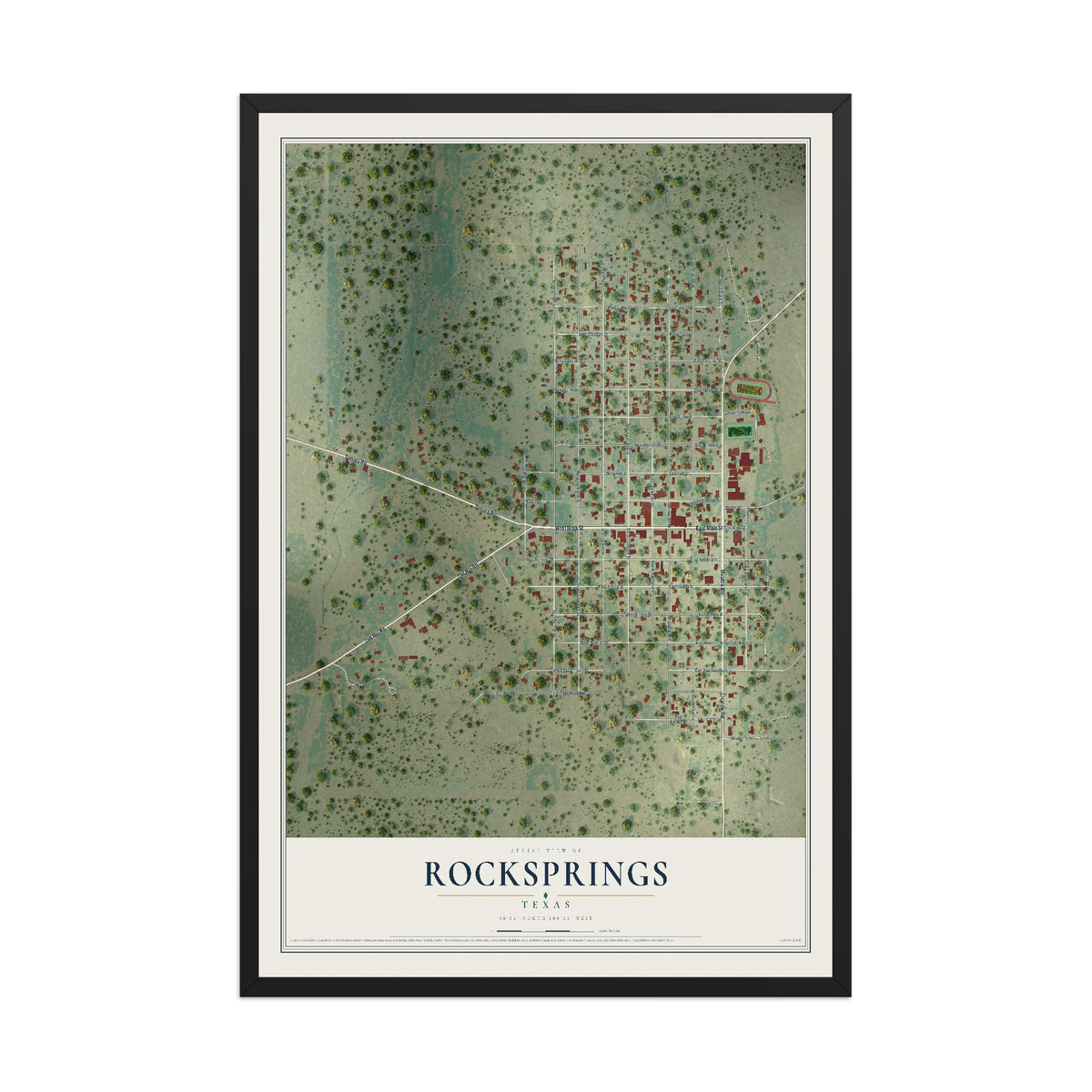 Map of Rocksprings, Texas, 12 x 18 inch print in a black wood frame