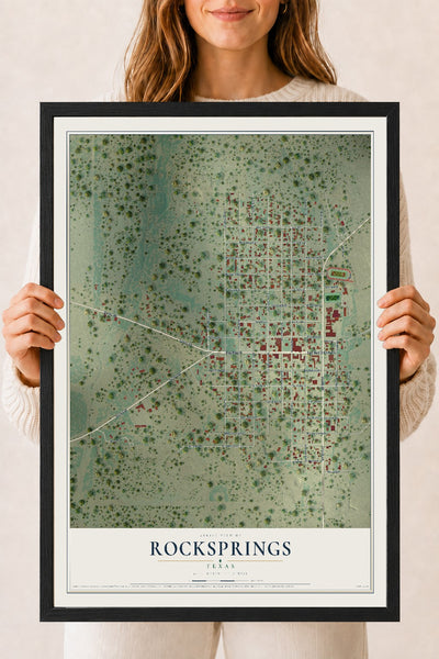 Map of Rocksprings, Texas, 18 x 24 inch print in a black wood frame