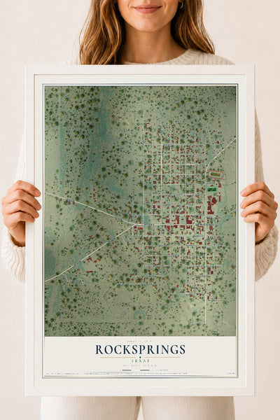Map of Rocksprings, Texas, 18 x 24 inch print in a white wood frame