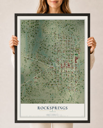 Map of Rocksprings, Texas, 24 x 36 inch print in a black wood frame