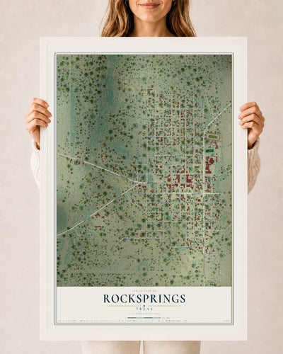 Map of Rocksprings, Texas, 24 x 36 inch print in a white wood frame