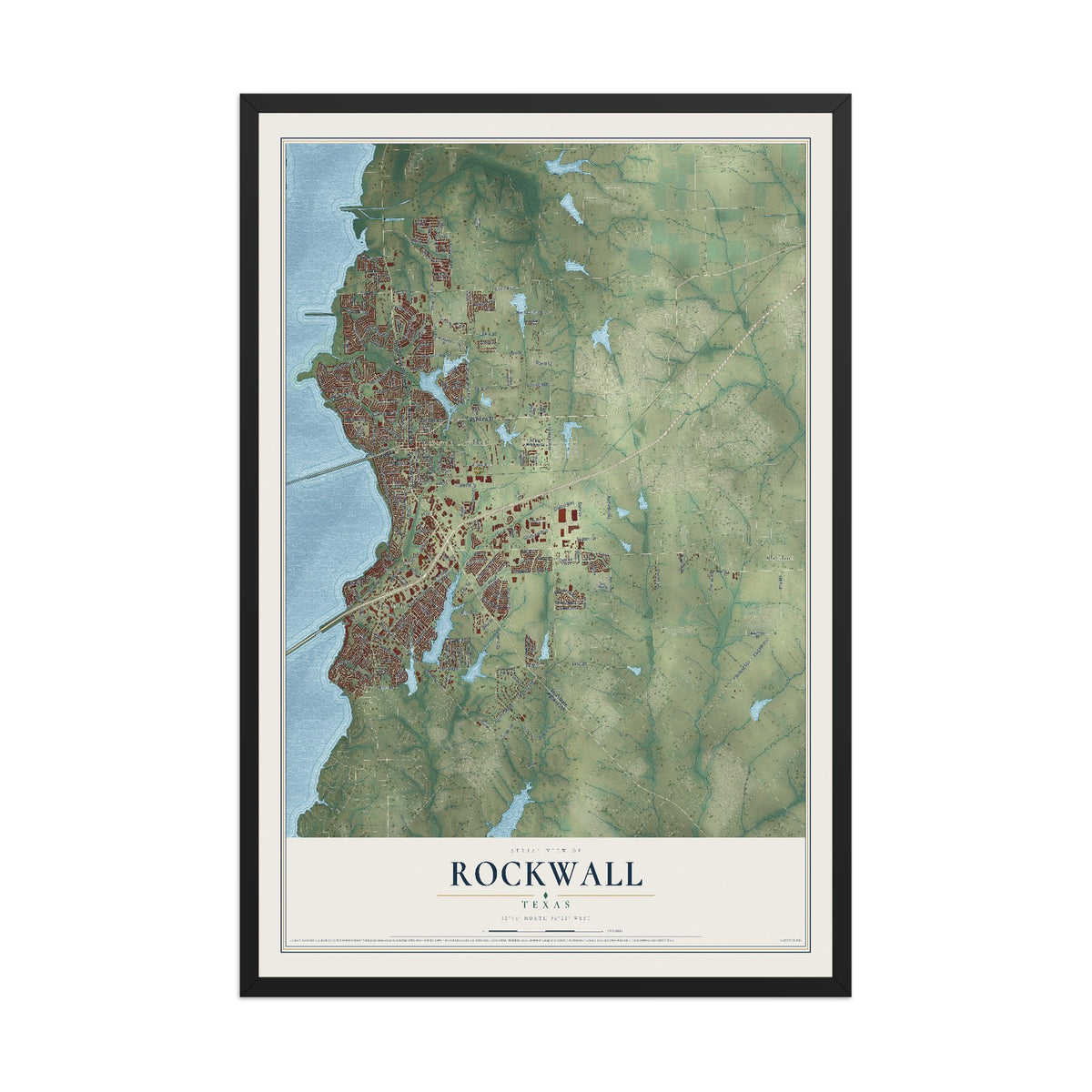 Map of Rockwall, Texas, 12 x 18 inch print in a black wood frame